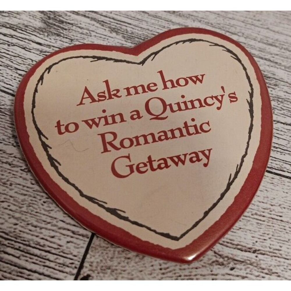 Vintage Quincy's Romantic Getaway Button pin pinback collectable Souvenir Promo - Picture 1 of 3